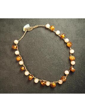 Vintage Artisan Crocheted Cord Necklace with Amber & Peach Moonstone